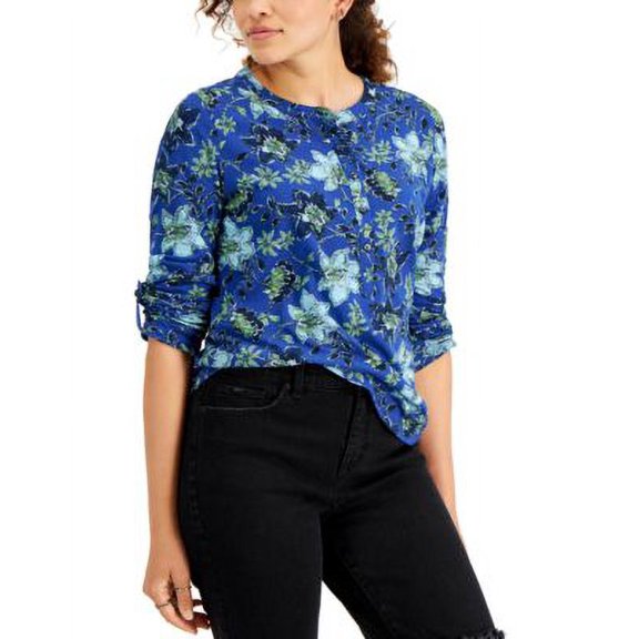 MSRP $34 Style & Co Womens Cotton Printed Quarter-Button Henley Top Blue Size XS