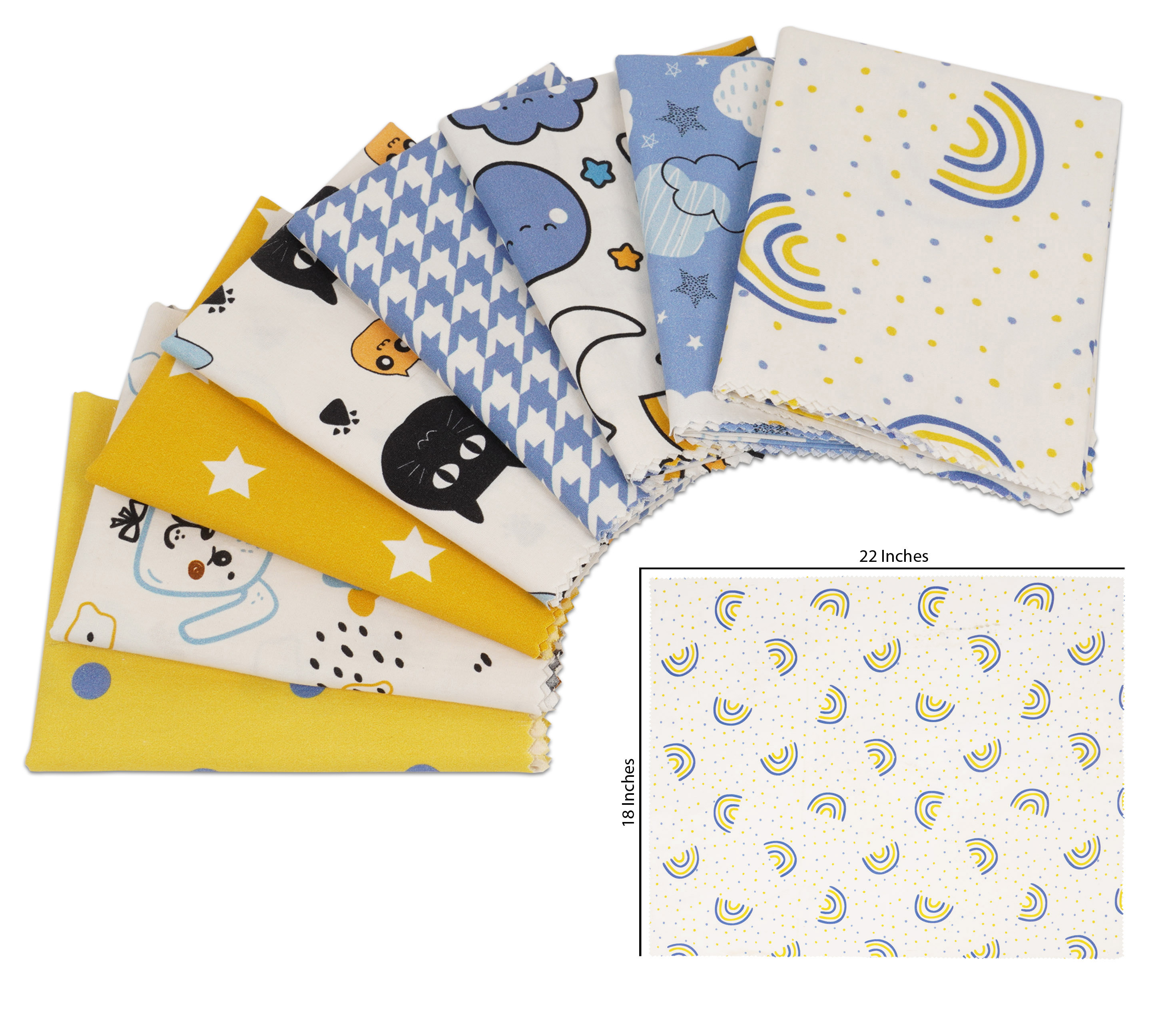Soimoi 8 Pc Fat Quarter Bundle-Kids Collection - Nursery DecorPrint 18"x 22"DIY Patchwork-100% CottonPre-Cut Quilting Fabric Blue-Yellow & White