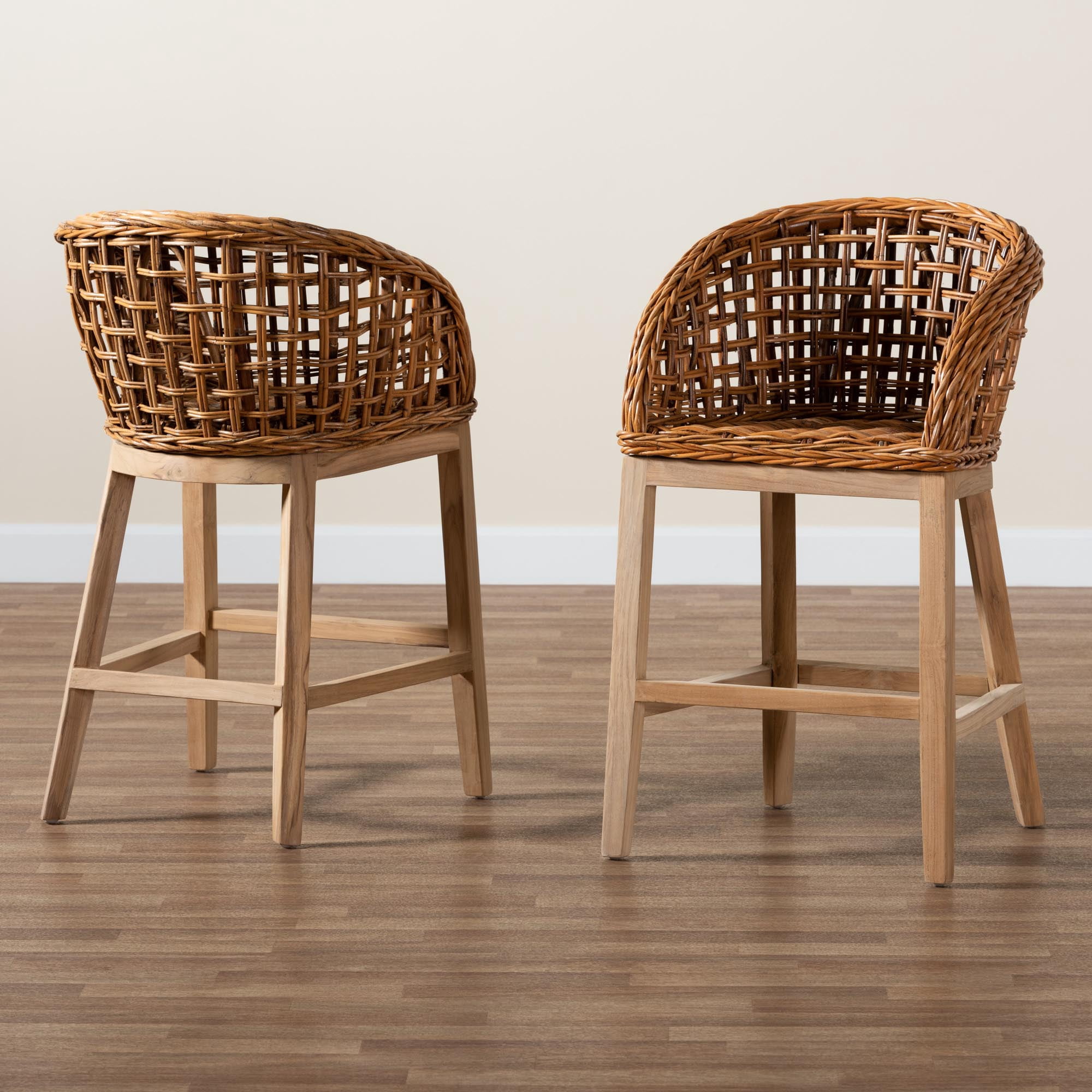 bali & pari Mario Modern BoHo Natural Brown Finished Teak Wood and Rattan 2-Piece Counter Stool Set