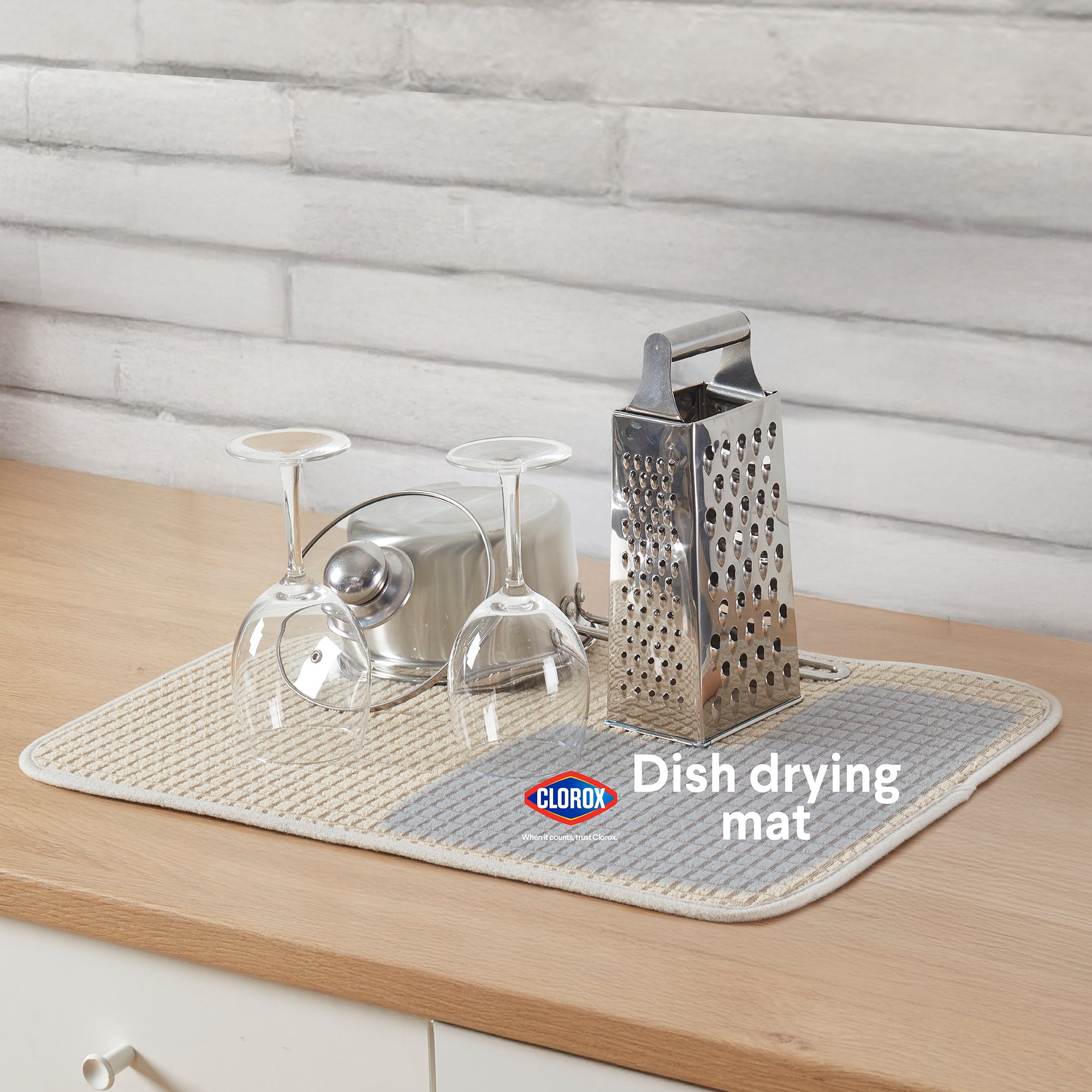 Clorox Dish Drying Mat, Absorbent Microfiber, 50% Recycled for Kitchen, 15" x 20" Beige Tan