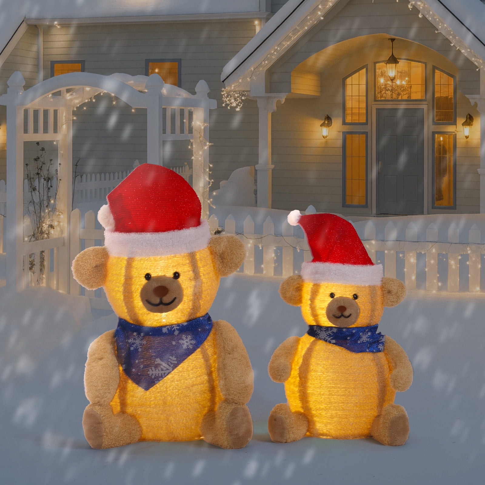 Astoutdoor Set of 2 Lighted Plush Bear Christmas Decorations, Pre-lit Pull Up Holiday Decor with 60 Warm White LED Lights for Indoor Outdoor Display