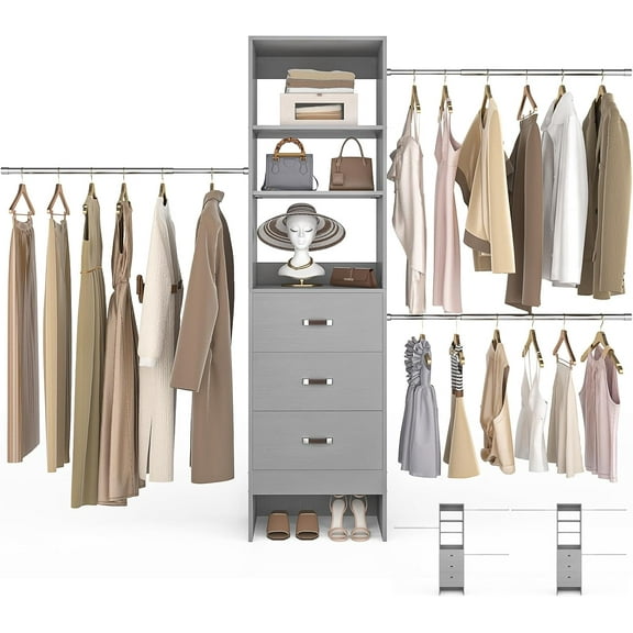 96'' Closet Organizer System with 3 Hanging Rods (Without 3 Storage Shelves), 8FT Closet Systems, Wall Mount Bedroom Wardrobe with 3 Wood Drawers, Adjustable Garment Rack from 5 to 8FT, Grey