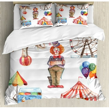 Circus Duvet Cover Set King Size, Circus Elements with Clown Elephant Balloons Ice Cream Cart Watercolor Illustration, Decorative 3 Piece Bedding Set with 2 Pillow Shams, Multicolor, by Ambesonne