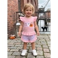 thumbnail image 5 of RUINIXCW Toddler Baby Girl Halloween Outfit Little Baby Girls Summer Fall Clothes Ghost Pumpkin Embroidered Flying Sleeve Ruffled Hem Shirt Tops and Plaid Shorts 2 Piece Set, 5 of 9