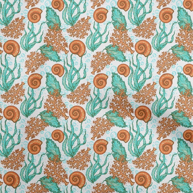 oneOone Velvet Turquoise Blue Fabric Sea Shells Ocean Craft Projects Decor Fabric Printed By The Yard 58 Inch Wide