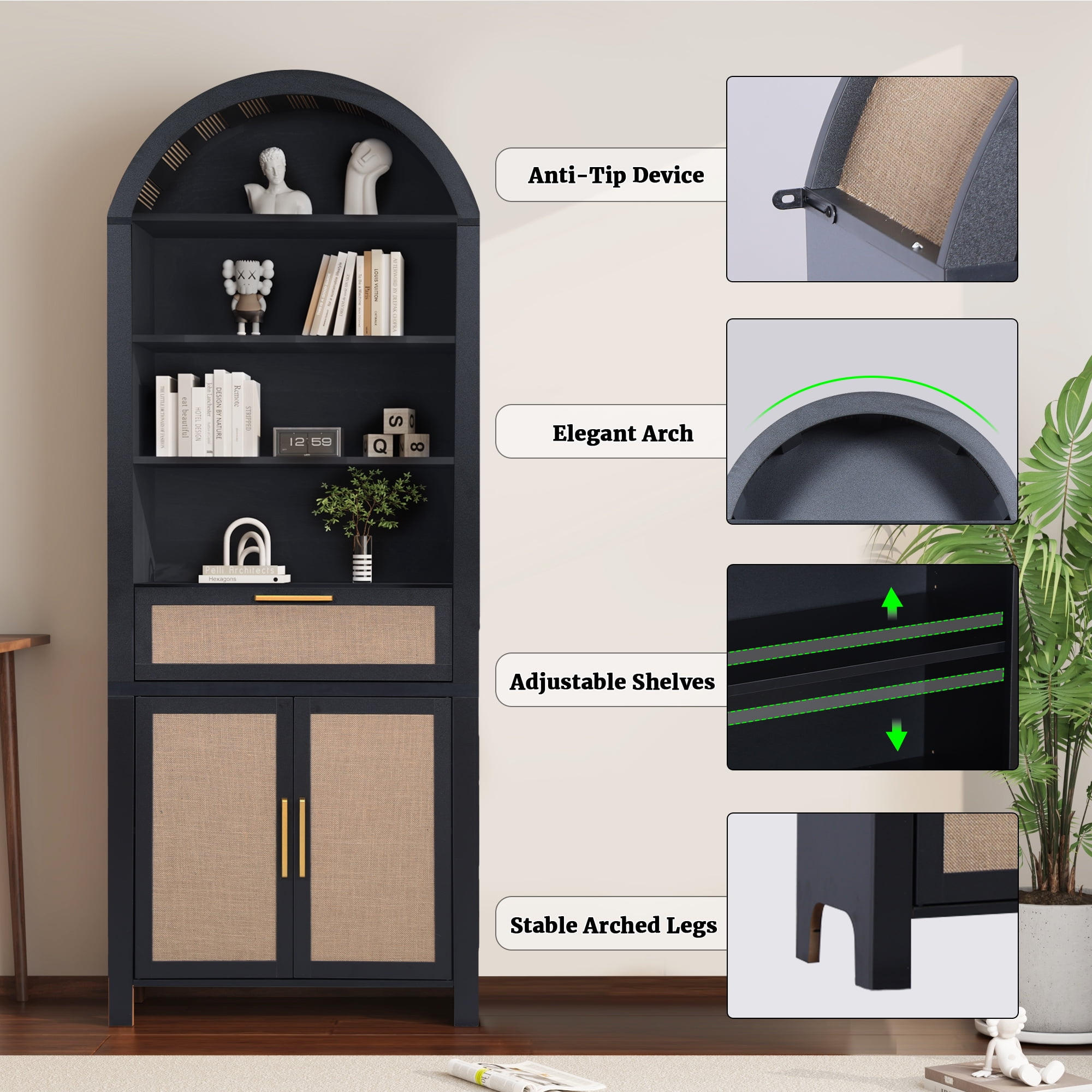 LEFHDA 2PCS 78" Tall Bookshelf, Arched Bookcase with Drawers, Mid-Century Modern 6-Tier Bookshelf with Storage, Rattan Open Display Storage Shelf Bookshelf for Living Room Bedroom & Classroom(Black)