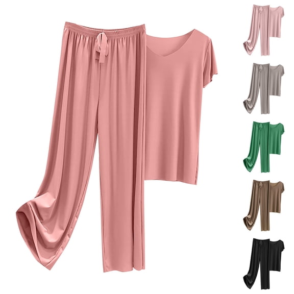 Womens Daily Wear Set Short Sleeve Top with Pants Comfortable Home Outfit