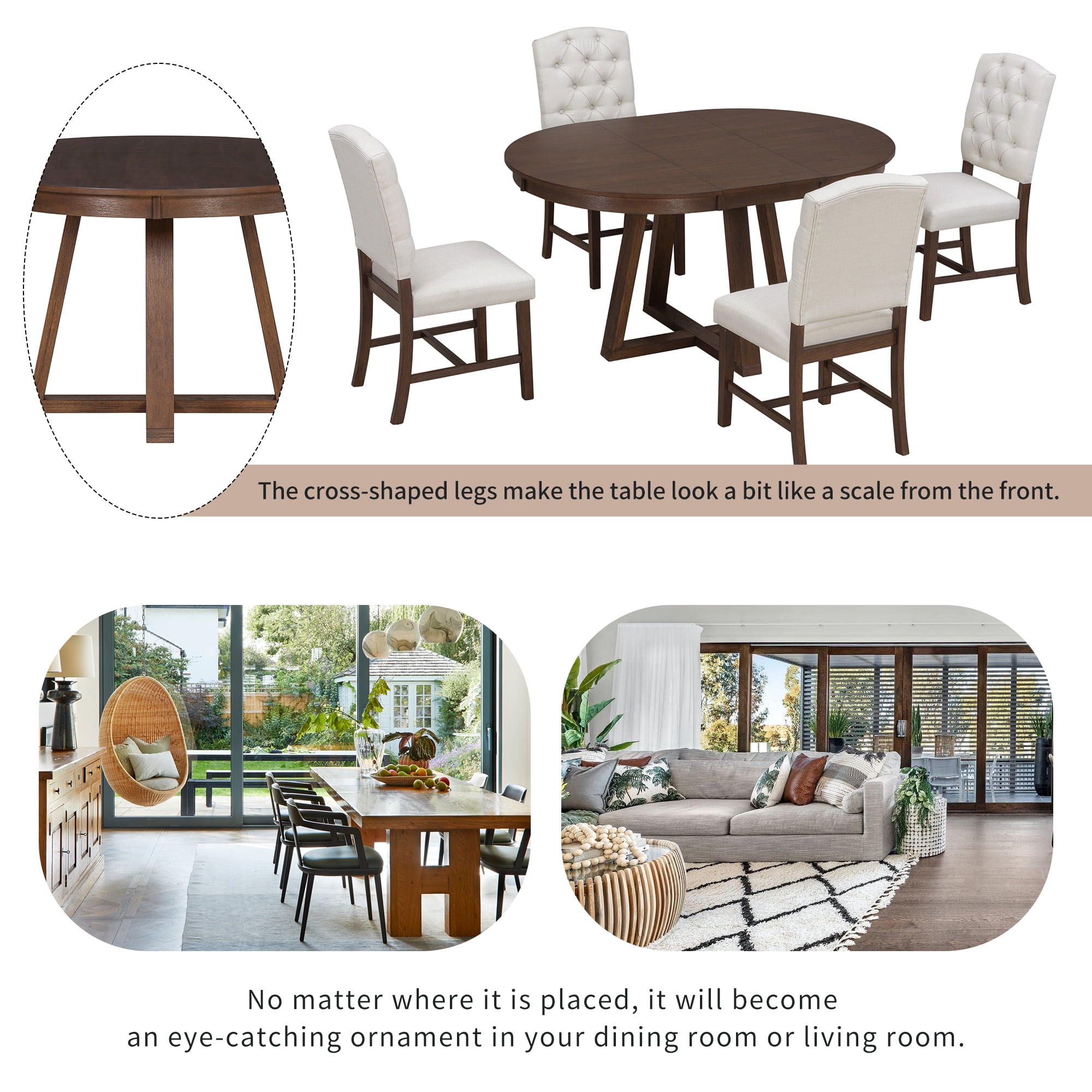 5-Piece Dining Table Set for 5, 42"-58" Extendable Round Dining Table with 4 Upholstered Chairs