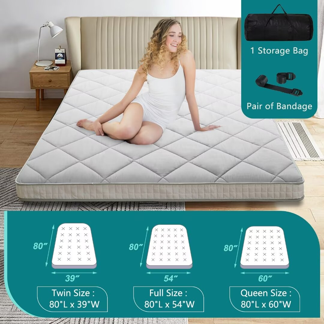Docred Japanese Floor Mattress Futon Mattress, 4" Memory Foam Foldable Futon Mattress, Portable Roll Up Sleeping Mat for Camping,Floor Lounger Bed Couches and Sofas, Full Size Grey(80*54*4in)