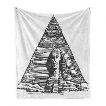 Egyptian Print Soft Flannel Fleece Throw Blanket, Sketch Art of Sphinx and the Pyramid Old Empire Historical, Cozy Plush for Indoor and Outdoor Use, 50" x 60", Charcoal Grey White, by Ambesonne