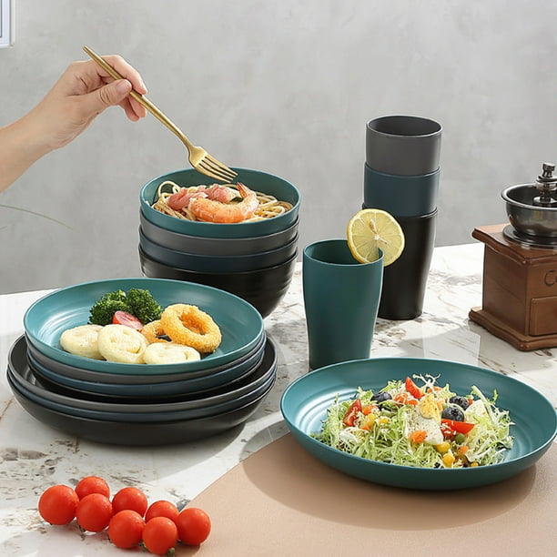 Juego de vajilla de plástico de 16 piezas, platos, cuencos y tazas