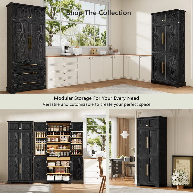 Farmhouse Kitchen Pantry Cabinet with 8 Door Shelves, 72''H Tall Kitchen Storage Cabinet with 4 Adjustable Shelves & Hidden Drawer, Versatile Cupboard with Wine Rack