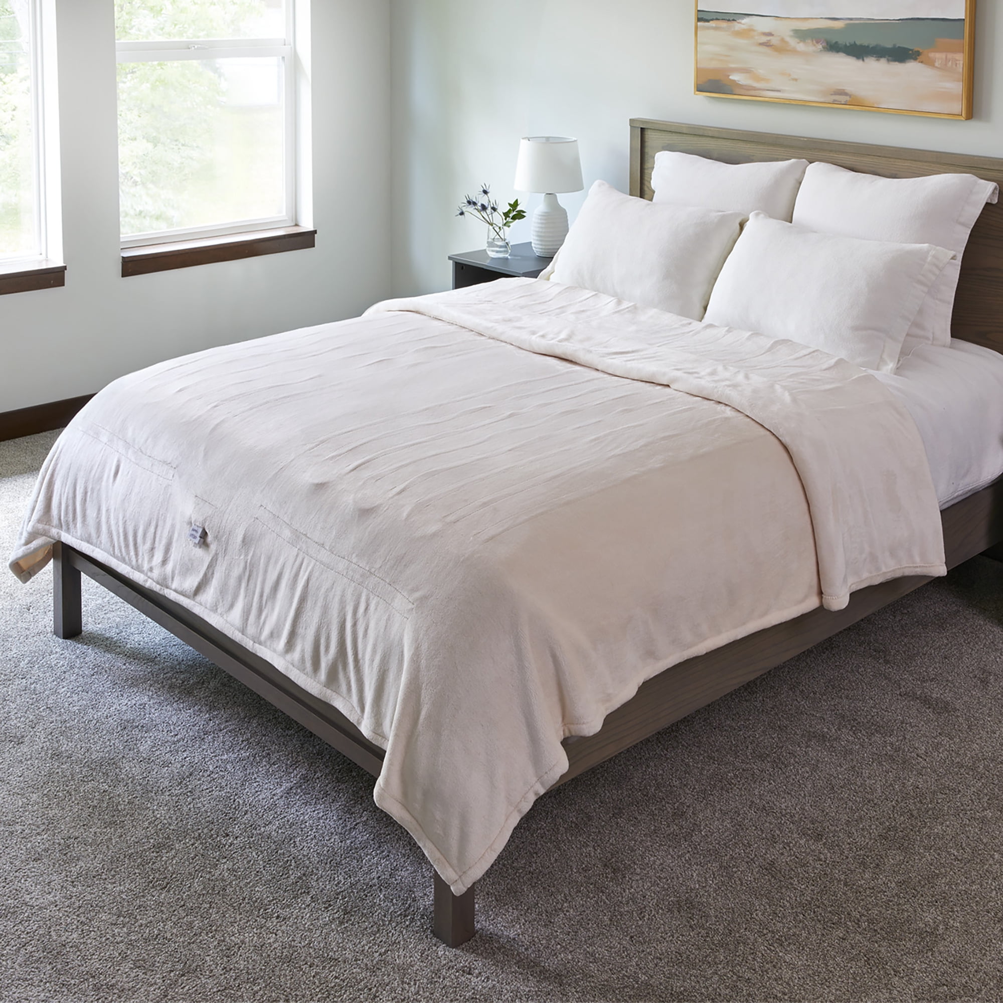 Sunbeam Cream Nordic Velvet Electric Heated Blanket Twin Size, 84" x 62", 12 Heat Settings, Fast Heating, Heating Blankets with Controller, Auto-Shut Off, Machine Washable, Warm, Cozy and Comfortable