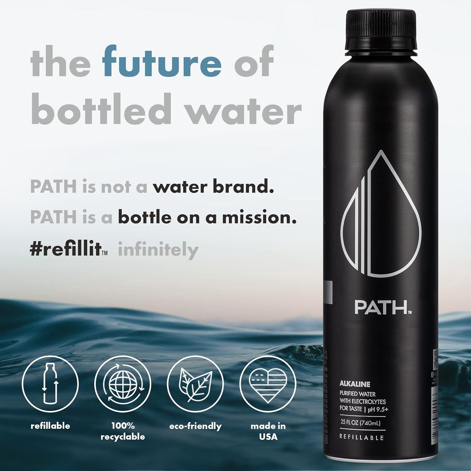 (4 pack) Pathwater Ultra-Purified Alkaline Water, 25 fl oz, Single Aluminum Bottle