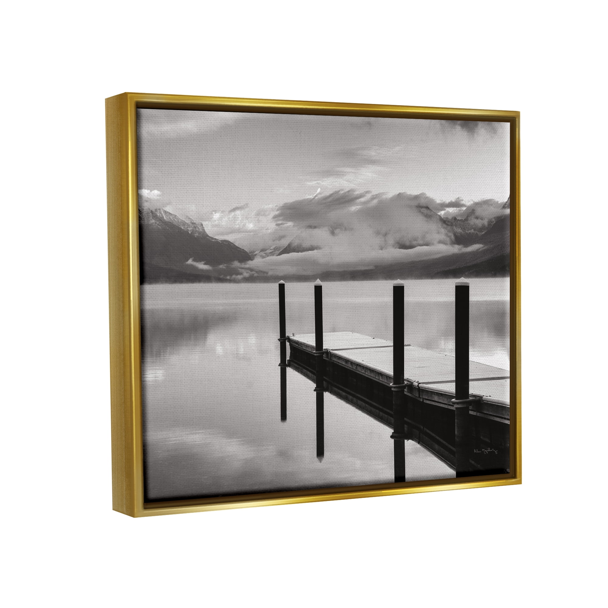Stupell Industries Lakeside Mountain Dock Nature Photography Gold Floater Framed Art Print Wall Art, 21 x 17