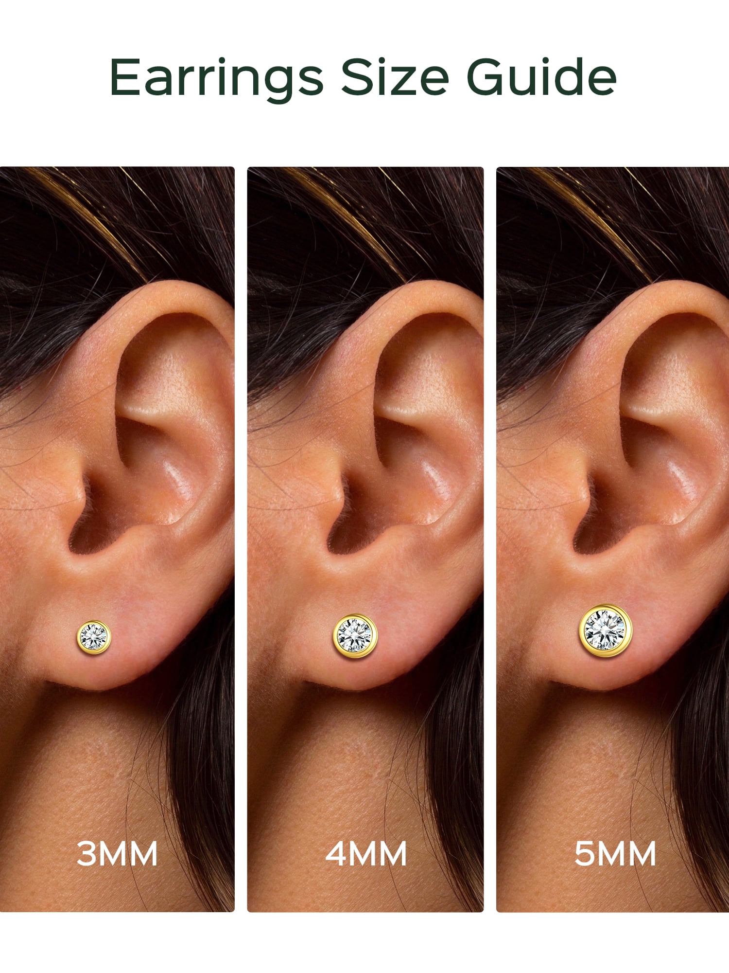 ChicSilver 3 Pairs Sterling Silver Stud Earrings for Women Men, 3/4/5MM Hypoallergenic Simulated Diamond Round Cubic Zirconia Ear Stud Set for Sensitive Ears, Gold