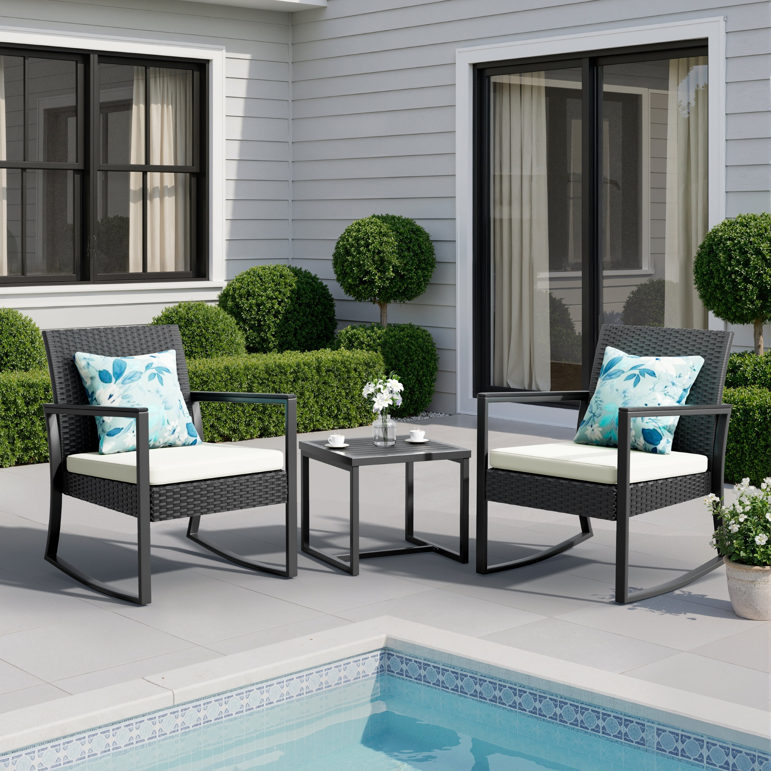 JORVIMAX Patio Conversation Set Outdoor Furniture Set Porch Bistro Set Rocking Chairs With Coffee Table Beige