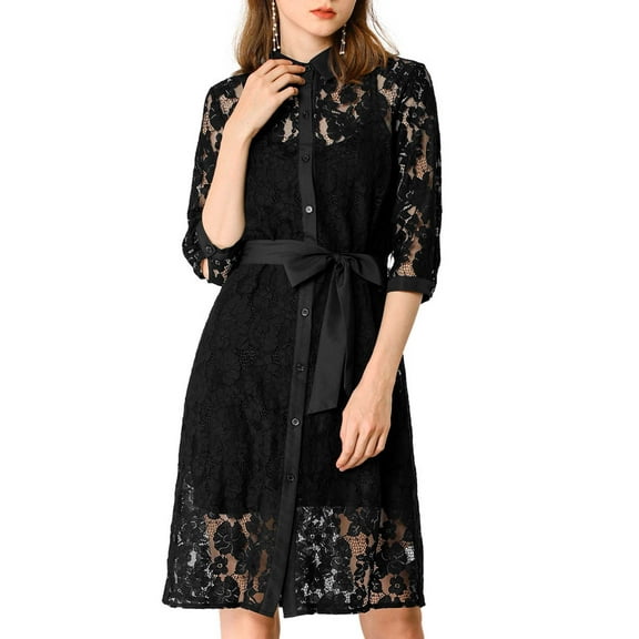 Allegra K Women's Lace Semi Sheer Belted 1/2 Sleeve Button Down Shirt Midi Dress