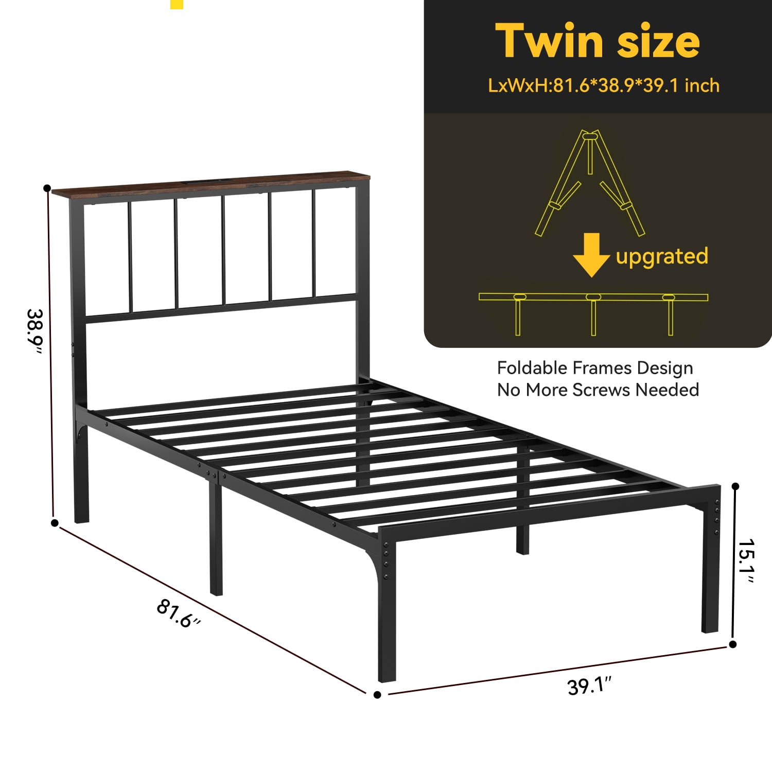 Behost Twin Bed Frame with Storage Headboard LED Lights Charging Station Adjustable Metal Frame Platform Bed Black