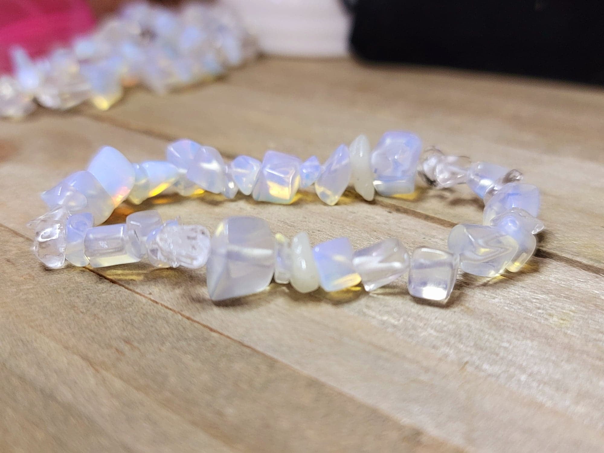 Various stretch gemstone chip bracelets.
