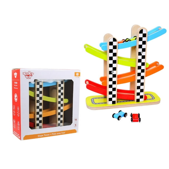 Tooky Toy Fun and Educational Learning Wooden Slope Tower with Racing Cars, 11" x 4" x 11"