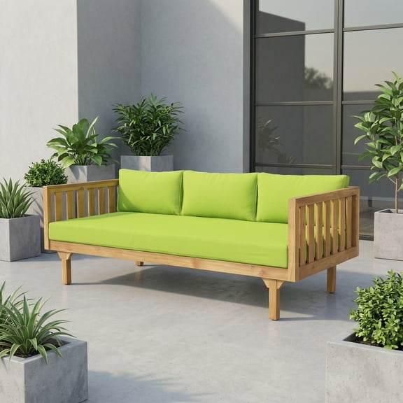 NOBOLEA Outdoor Patio Daybed with Cushions, 3-Seater Acacia Wood Slat Panel Lounge Bed for Backyard, Garden, Poolside Relaxation,Green