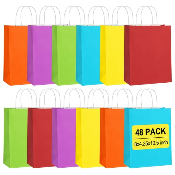 BagDream 48 Pack Rainbow Gift Bags with Handles, 8x4.25x10.5 Multi-Color Paper Party Favor Bags for Goodies Kids Birthday Baby Shower Wedding