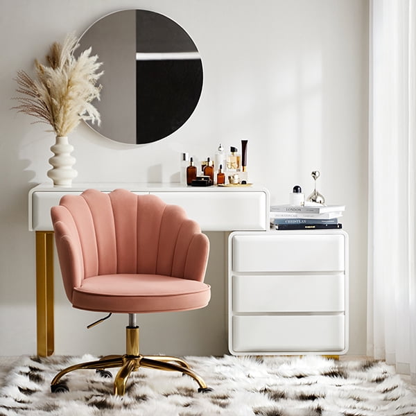 Makeup Vanity Chair Upholstered Velvet Office Task Desk Chair Swivel Adjustable Pink