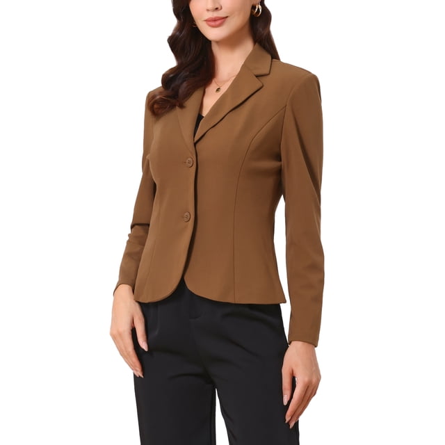 BLAZER DE TRABAJO CHIC PARA MUJERES CON SOLAPA Y MANGAS LARGAS, TRAJE BLAZER COLOR CAMEL OSCURO TALLA L