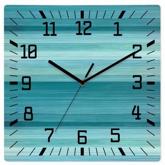 Teal Turquoise Aqua Ombre Wooden Wall Clock Silent Non Ticking, Contemporary Abstract Lines Square Wall Clocks Battery Operated, Decor Clock for Home Office, Living Room, Kitchen, 12 Inch