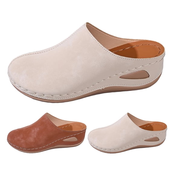 Modisza Closed Toe Mules for Women Orthopedic Wedge Slides Comfortable Walking Slip on Flat Shoes for Ladies Outdoor size 6.5 Beige