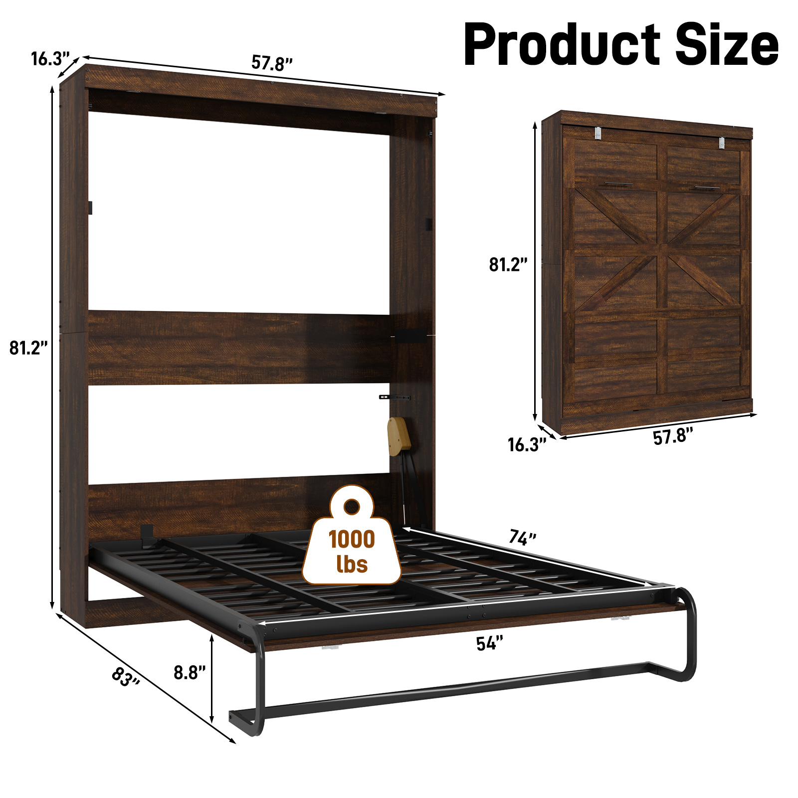ChVans Full Size Murphy Wall Bed with 2 LED Lights, Farmhouse Wood Space-Saving Hidden Folding Bed Chest, Multifunctional Storage Cabinet Bed with Gas Struts for Bedroom, Guest Room, Office