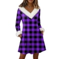 thumbnail image 2 of Women's Knit Dress Long Sleeve V-Neck Flannel Plaid Print Knee Length Dress with Pockets for Fall Casual Loungewear,Purple,S, 2 of 6
