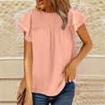 thumbnail image 1 of EGNMCR T-Shirts pour Femmes Femmes Décontracté Chiffon Col Rond Couleur Unie Chandail à Enfiler Laçage Manches à Volants Blouse T-shirt Hauts, 1 of 6