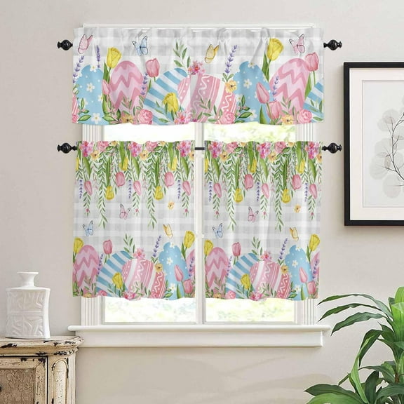 Kitchen Curtains Set, Spring Easter Kitchen Curtains and Valances Set, Gray Plaid Floral Botanical Easter Eggs Rod Pocket Tier Curtains 24 Inch Length for Cafe/Bedroom Windows
