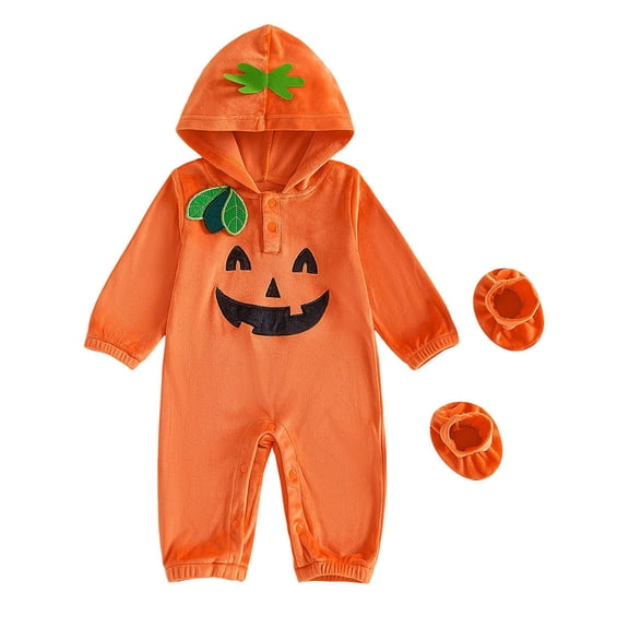 WIBACKER Baby Girl Flannel Pumpkin Costume Baby Boy Halloween Costumes Kids Hooded Romper Orange Onesie Unisex 0-18 Months