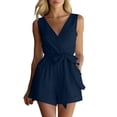 thumbnail image 4 of Cutuoiiu Womens Sleeveless Rompers Loose Fit Solid Color Deep V Neck Casual Jumpsuit Shorts Wrap Belted Waist Cotton Summer Daily Wear, 4 of 8