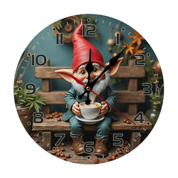 Cute Fantasy Gnome Wall Clock 10 Inch Silent Non Ticking Round Wooden Clock Decoration for Living Room Kitchen Bedroom Bathroom Office Classroom