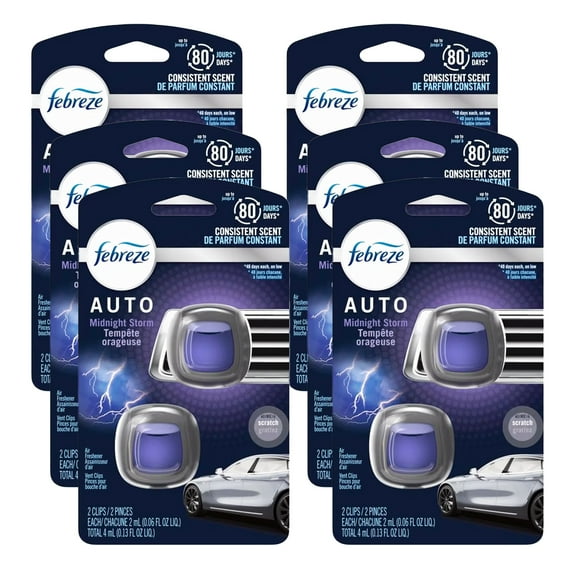 Febreze Car Air Freshener Vent Clips, Midnight Storm Scent, 2-Clips: Automotive Odor Eliminator for Car Vent, Long-Lasting Car Freshener Clips, 6 Pack