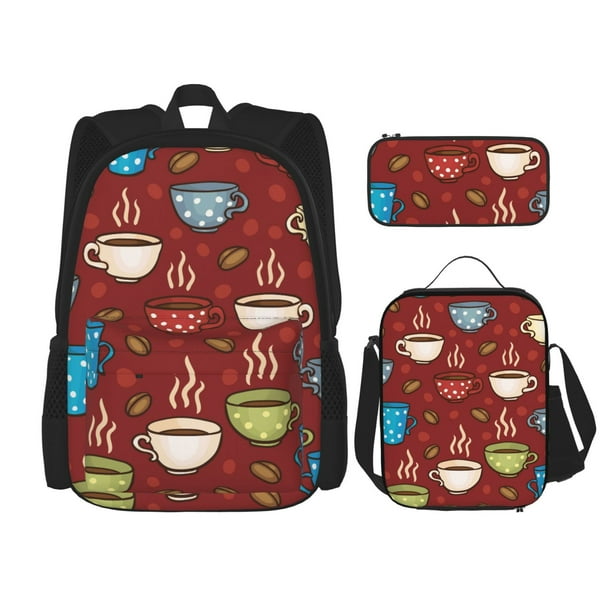Easygdp Coffee Cups Mochila para Niños y Niñas con Set de Caja de Almuerzo y Estuche para Lápices 3 en 1, Mochila Escolar Estampada para Adolescentes