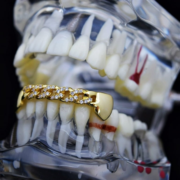 14k Gold Plated Grillz CZ Cuban Link Bottom Lower Teeth Cubic Zirconia Bling Hip Hop Grills