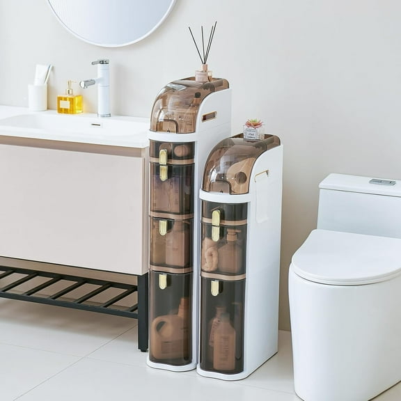 4-Tier Slim Bathroom Storage Cabinet – 7.1" Narrow Tall Storage Cabinet, Movable Floor Waterproof Organizer Cabinets with Wheels, Drawers & Tissue Box for Small Spaces