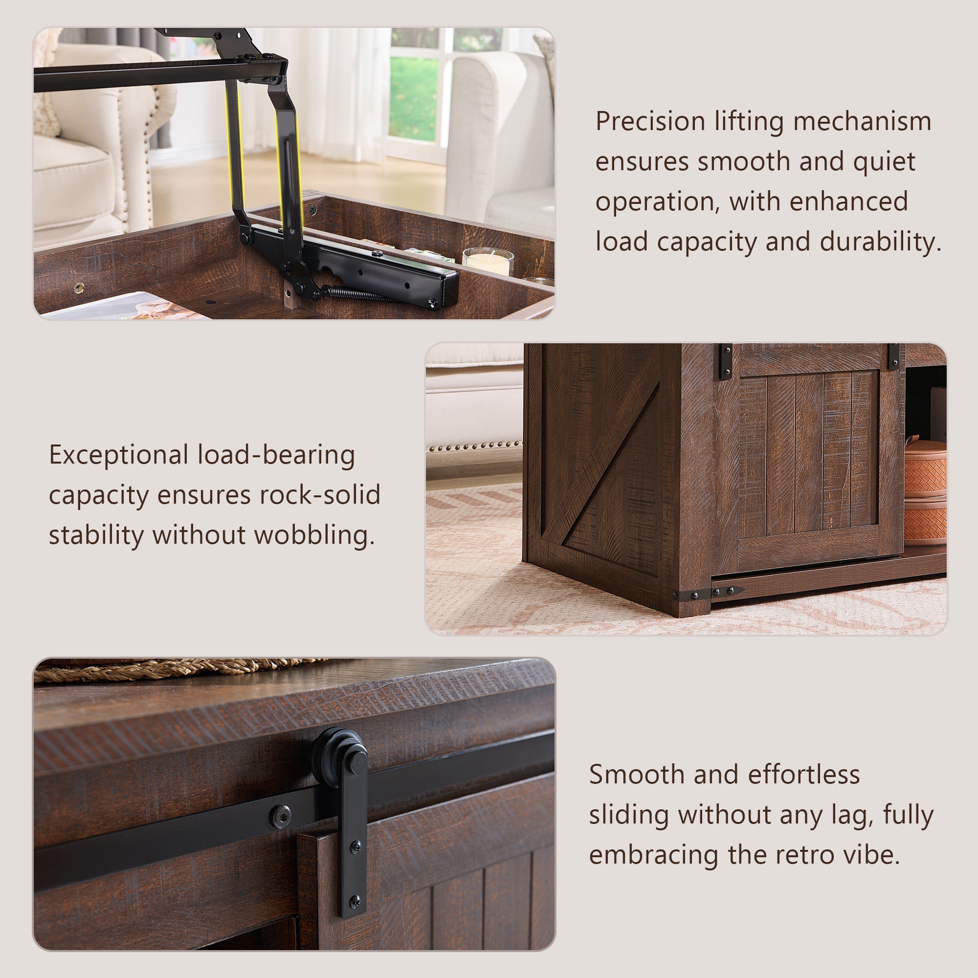 SinCiDo Farmhouse Coffee Table with Storage for Living Room, Lift Top Coffee Table w/Sliding Groove Barn Door