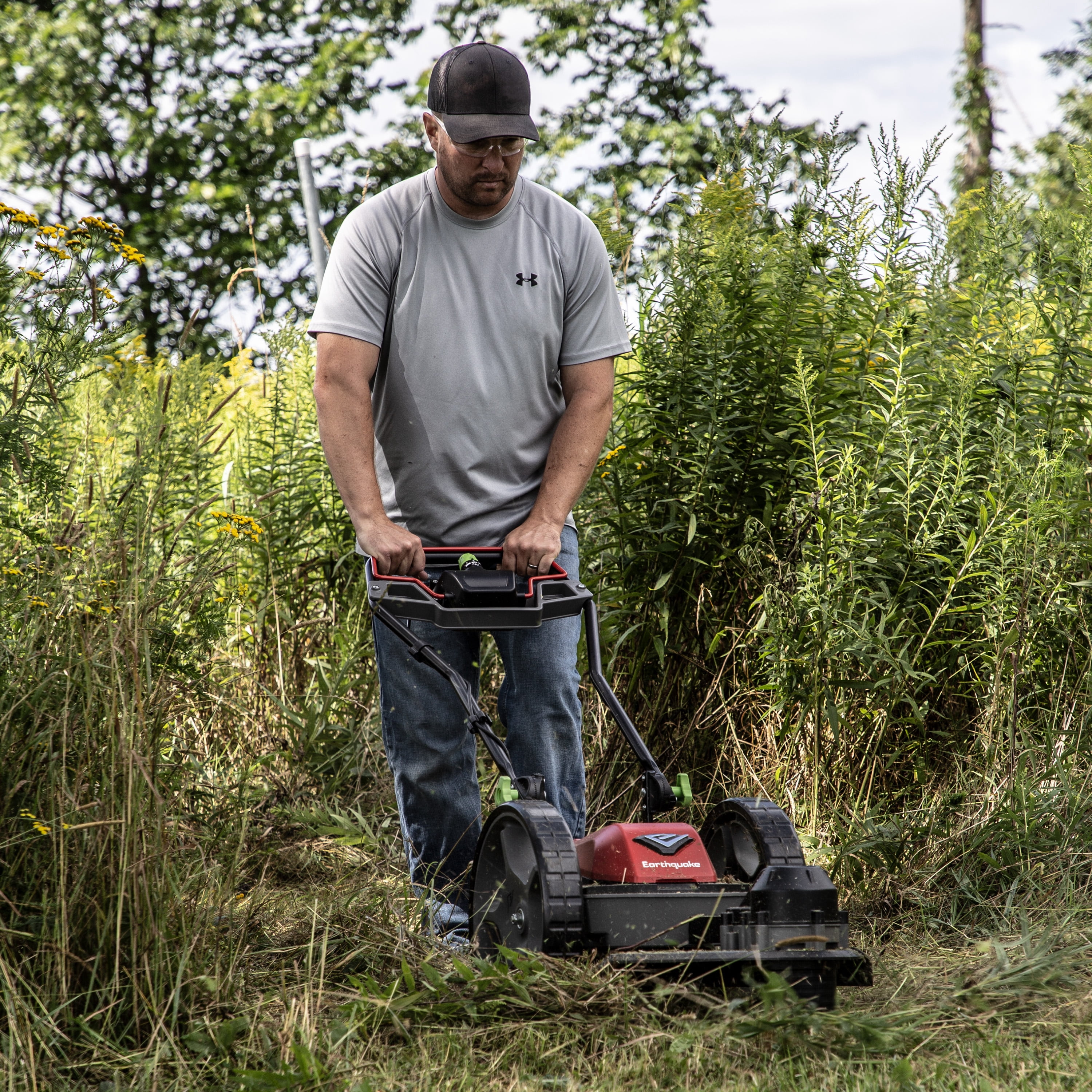 Earthquake 60V Walk Behind String Mower, Includes Two 4Ah Batteries, 22” Cutting Diameter, Three Cutting Speed Dial, 14” Never-Go-Flat Wheels, Easy Assembly, Adjustable Handlebar, 44965
