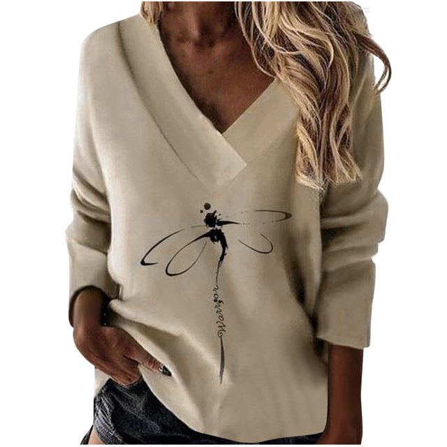 Camiseta de manga larga para mujer, informal, de talla grande, con cuello en V, estampado Poullver Fridja fhghd2525