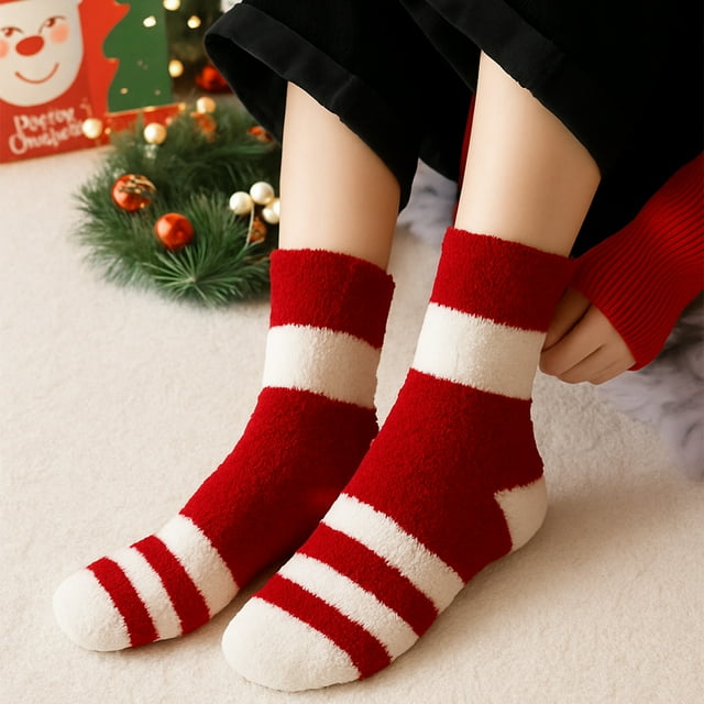 PEONAVET Chaussettes en Molleton Corail Hiver Rouges Chaussettes Natales Australie Velours Chaleur Épaissies Rembourrées Chaussettes de Sommeil Chaussettes de Maison Chaussettes de Sol Bas Femme