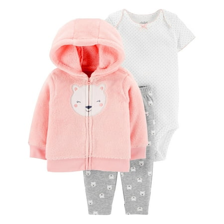 Child of Mine by Carter's Fleece Hooded Cardigan, Short Sleeve Bodysuit & Pants, 3pc Outfit Set (Baby Girls)
