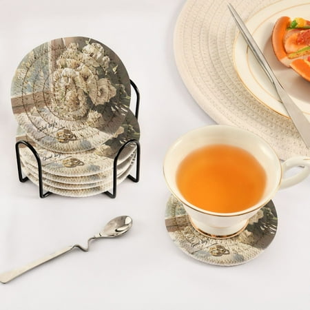 

BZSMCE 6Pcs Drink Coasters With Holder 3.94Inch White Flowers Creative Coil Coaster Coasters Colors Absorbent Coasters for Drinks Coasters Set Thicken Heat for Home Table