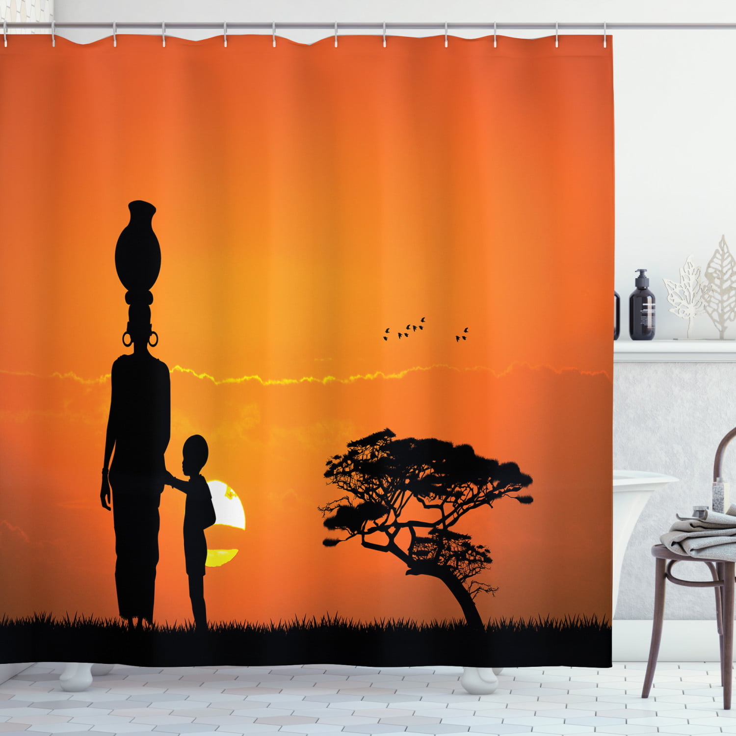 African Black Women Shadow Shower Curtain Set Bathroom Mat Waterproof Fabric 