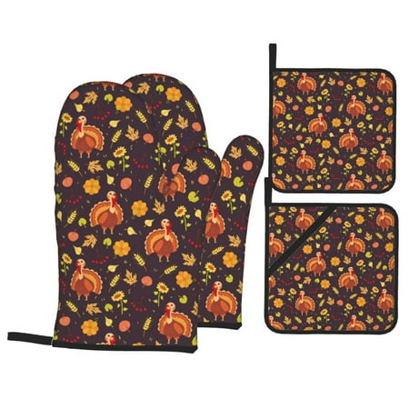 

Oven Mitts and Pot Holders 4 pcs Set Turkey Bird Heat Resistant Pot Holders Oven Mitts for kitchen Non-Slip Hanging Loop Oven Glove Potholders for Baking Cooking